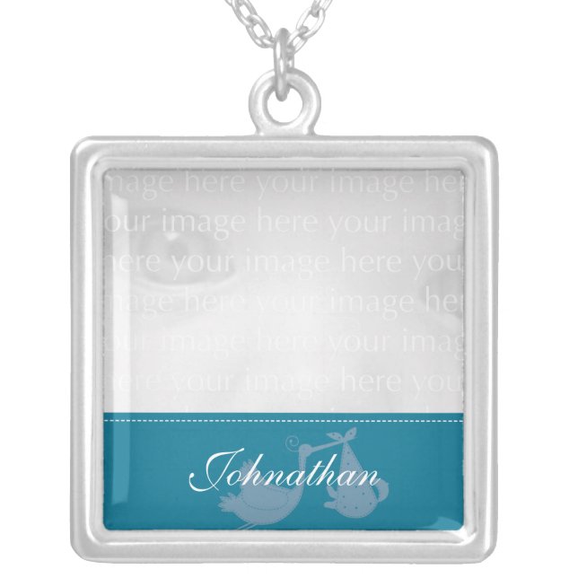 Teal Stork Baby Photo Silver Necklace (Front)