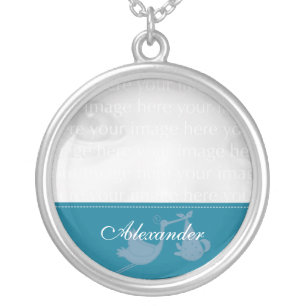 Teal Stork Baby Photo Silver Necklace