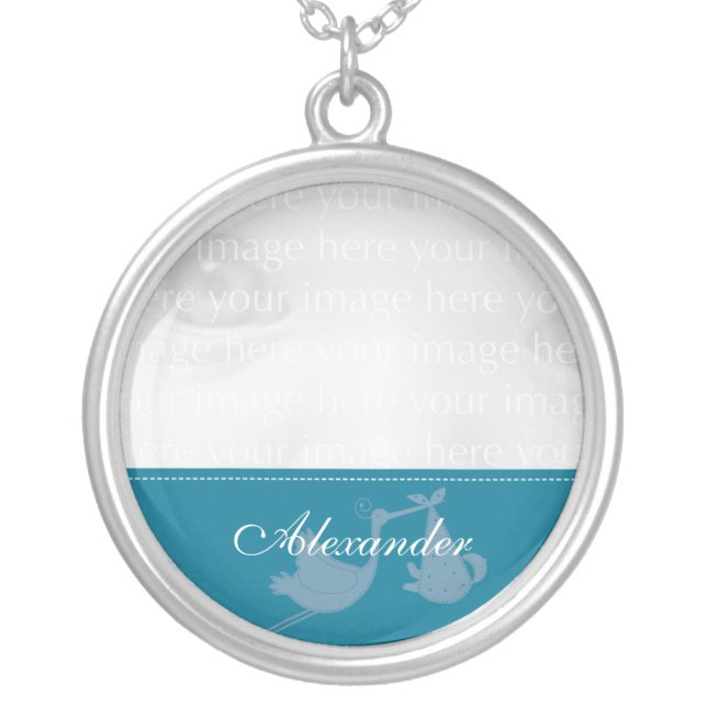 Teal Stork Baby Photo Silver Necklace (Front)