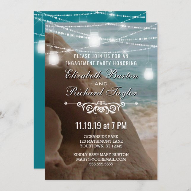 Teal String Lights Beach Engagement Party Invitation (Front/Back)
