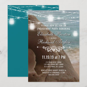 Teal String Lights Beach Engagement Party Invitation