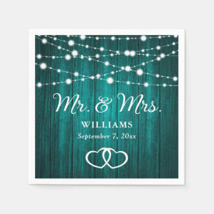 Teal String Lights Hearts Rustic Wood Wedding Napkins
