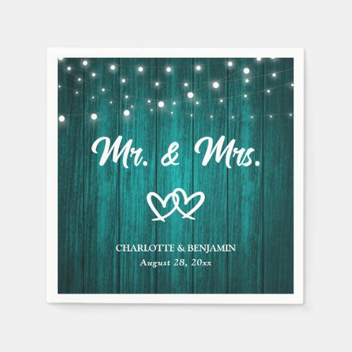 Teal String Lights Hearts Rustic Wood Wedding Napkins