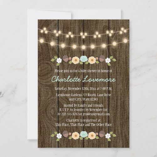 Teal String of Lights Fall Rustic Boy Baby Shower Invitation