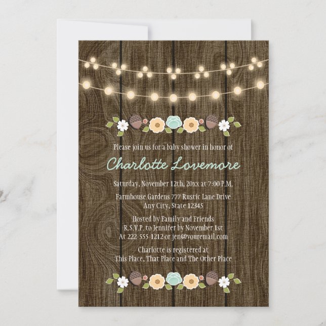 Teal String of Lights Fall Rustic Boy Baby Shower Invitation (Front)