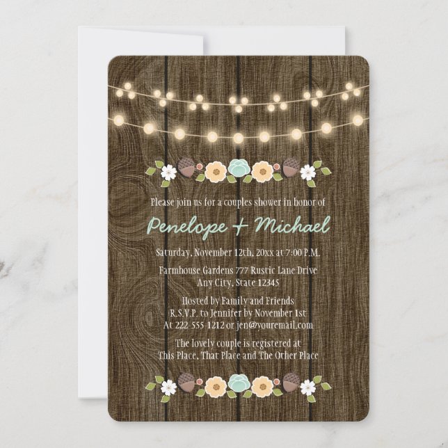 Teal String of Lights Fall Rustic Couples Shower Invitation (Front)