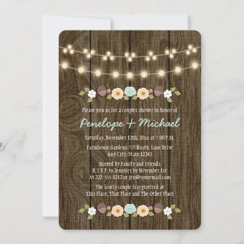 Teal String of Lights Fall Rustic Couples Shower Invitation