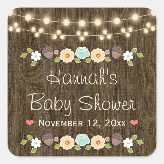 Teal String of Lights Rustic Fall Bridal Shower Square Sticker (Front)