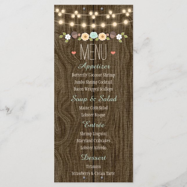 Teal String of Lights Rustic Fall Wedding Menu (Front)