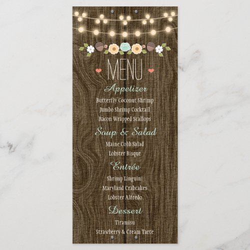 Teal String of Lights Rustic Fall Wedding Menu