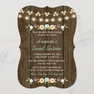 Teal String of Lights Rustic Sweet 16 Invitation