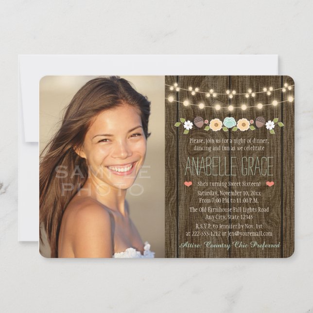 Teal String of Lights Rustic Sweet Sixteen Invitation (Front)