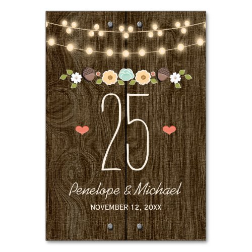 Teal String of Lights Rustic Wedding Table Number