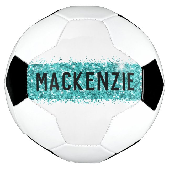 Teal Stripe Monogram Custom Personalized Name  Soccer Ball (Rotated)