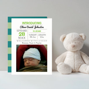 Teal Stripe Photo Baby Announcement