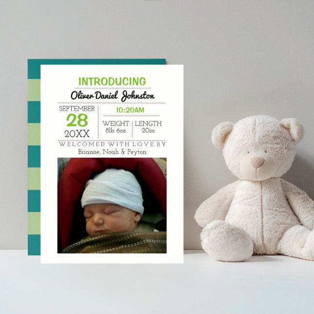 Teal Stripe Photo Baby Announcement (Creator Uploaded)