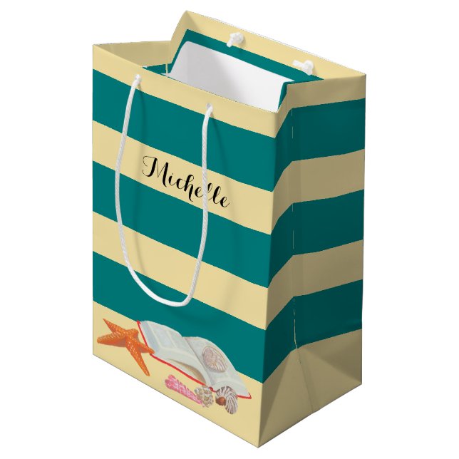 Teal  Stripe & Seashells Personalized Gift Bag (Front Angled)