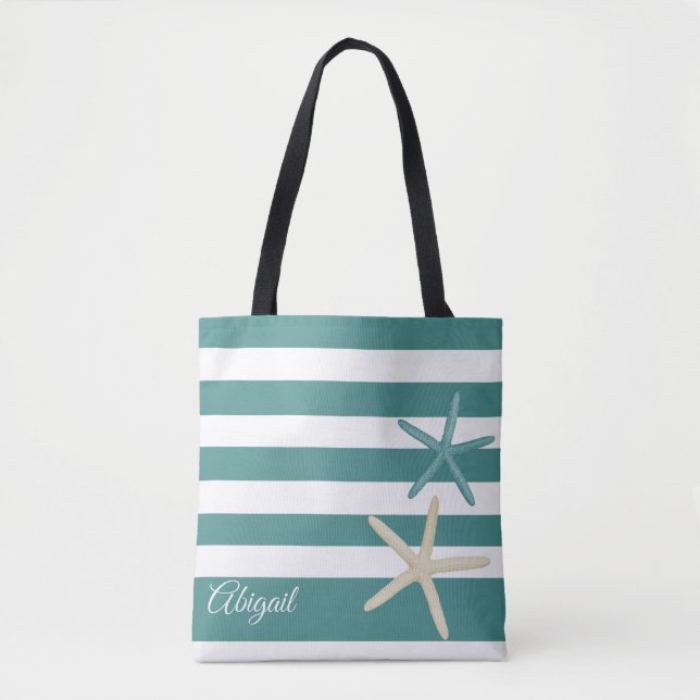 Teal Stripe Starfish Personalized Tote Bag (Front)