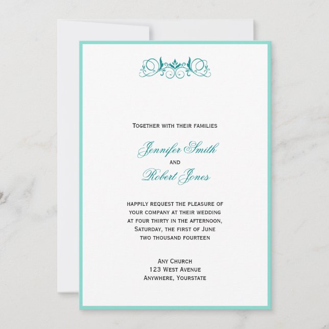 Teal Stripe with Floral Accent Wedding Invitation (Front)