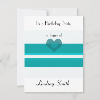 Teal Stripe With Heart Accent Birthday Invitation