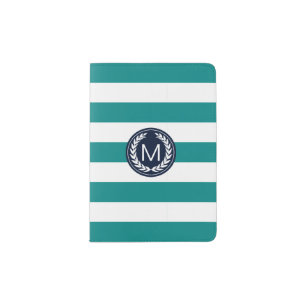 Teal Stripe with Navy Laurel Wreath Monogram Passport Holder