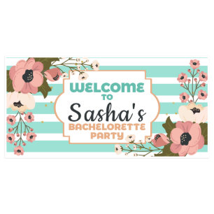 Teal Striped and Floral Bachelorette Party Banner