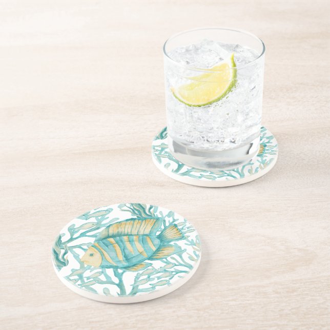 Teal Striped Watercolor Fish Coaster (Side)