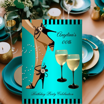 Teal Stripes Black Shoes Wine Glass Birthday Party Invitation by Zizzago at Zazzle