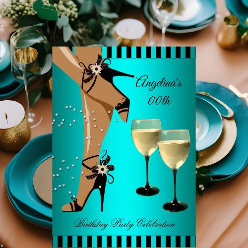 Teal Stripes Black Shoes Wine Glass Birthday Party Invitation