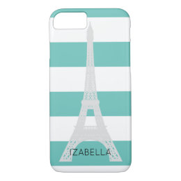 Teal Stripes & Eiffel Tower Custom Name iPhone 8/7 Case