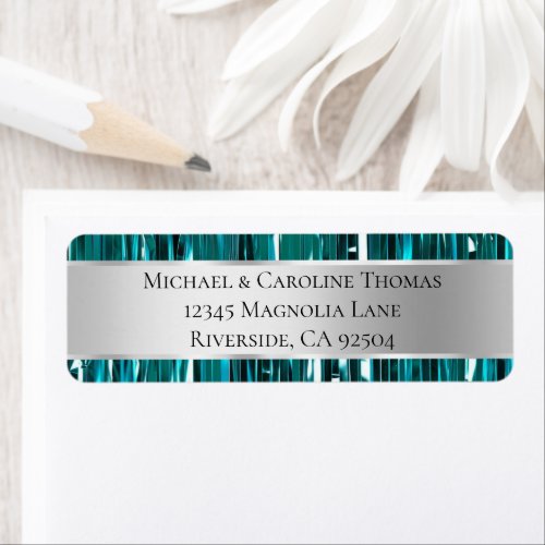 Teal Stripes Glam Silver Wedding Label