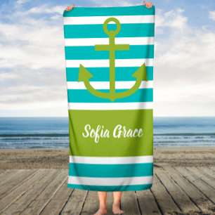 Teal Stripes Lime Anchor Custom Name Bath Towel