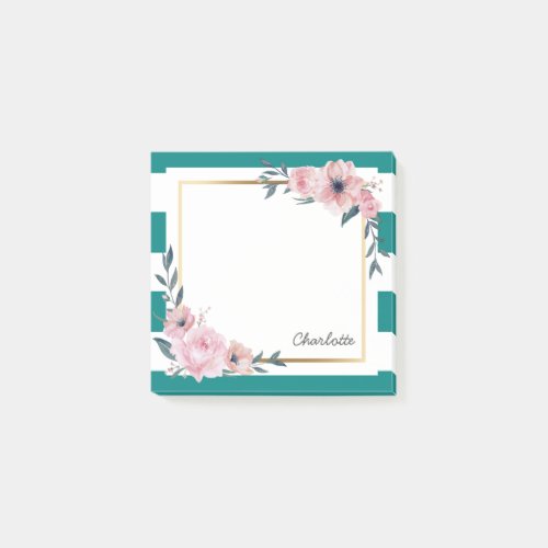 Teal Stripes Watercolor Floral Custom Name Post_it Notes