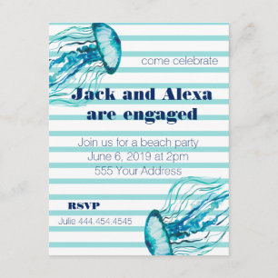 Teal Stripes Watercolor Jellyfish Beach Party Invitation