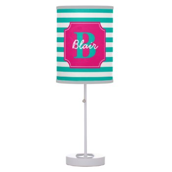 Teal Stripes With Pink Frame Name And Initial Table Lamp by Jmariegarza at Zazzle