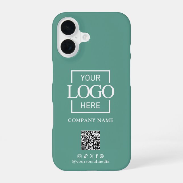 Teal Stylish Minimalist Business Logo & QR Code Iphone Case (Back)