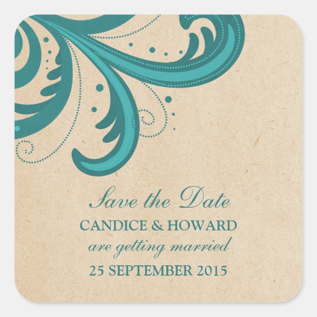 Teal Stylish Swirls Save the Date Stickers (Front)