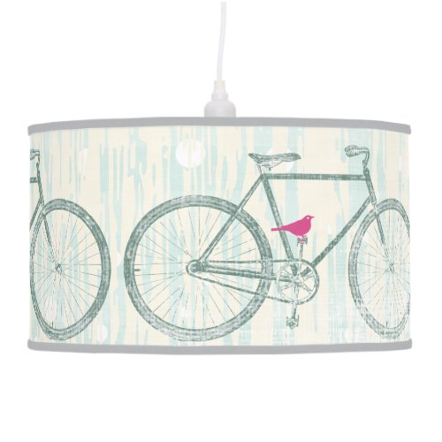 Teal Stylized Vintage Bicycle with Cute Pink Bird Hanging Lamp