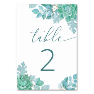Teal Succulent Wedding Blue Green Botanical Table Number