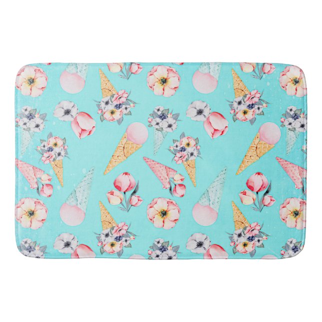 Teal Summer Fun Flower Ice Cream Cone - Pattern Bathroom Mat (Front)