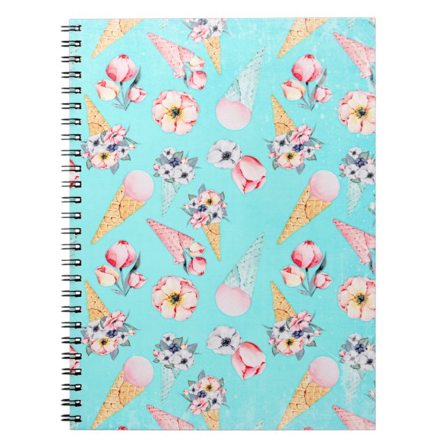 Teal Summer Fun Flower Ice Cream Cone - Pattern Notebook (Front)