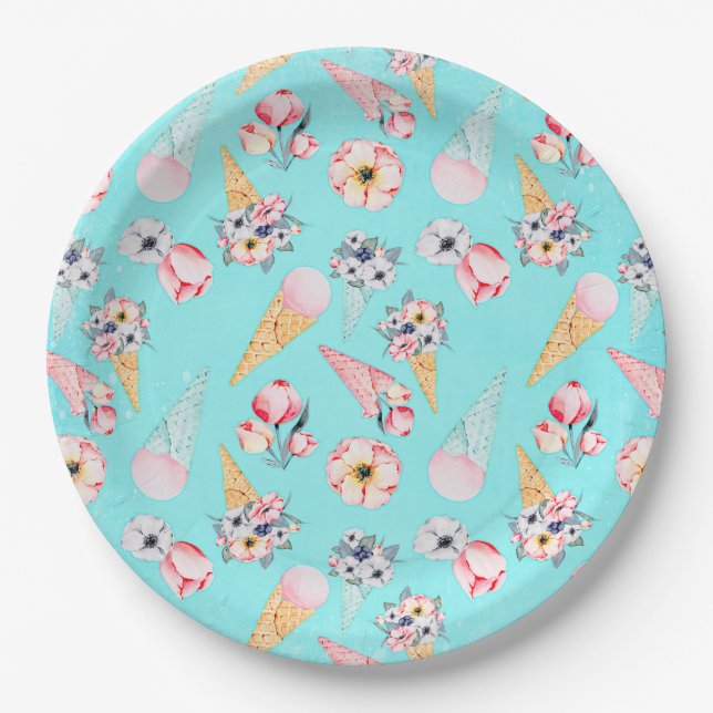 Teal Summer Fun Flower Ice Cream Cone - Pattern Paper Plates (Front)