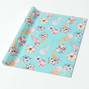 Teal Summer Fun Flower Ice Cream Cone - Pattern Wrapping Paper