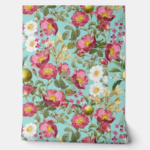 Teal Summer Garden _ Vintage Redout Cottage Roses Wallpaper