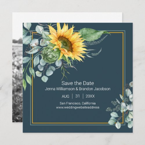 Teal Sunflower and Eucalyptus Photo Save the Date