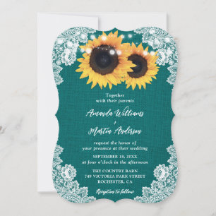 Teal Sunflower Burlap Floral Lace Country Wedding Invitation