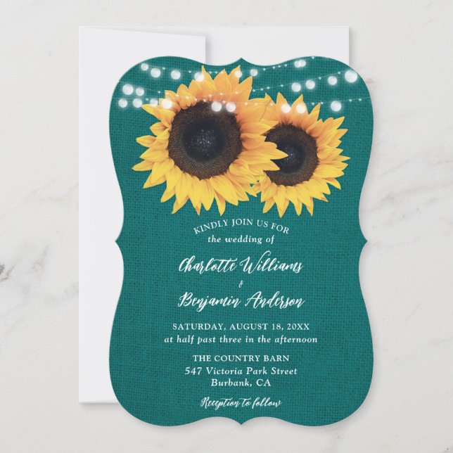 Teal Sunflower Burlap Hearts String Lights Wedding Invitation (Front)