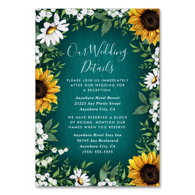 Teal Sunflower Country Rustic Wedding Insert Cards (Front)