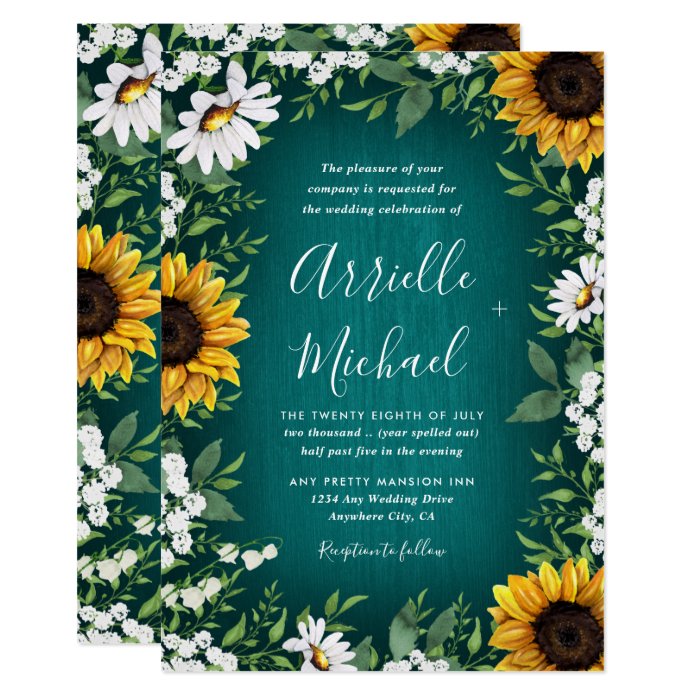 256423550980902843 Teal Sunflower Country Rustic Wedding Invitations