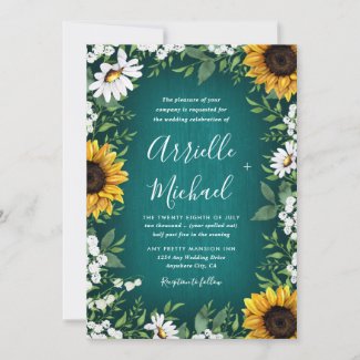 Teal and Sunflower Wedding Invitations, Country Rustic